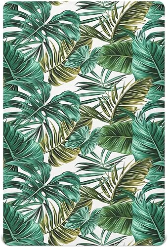 Kigai Fitted Crib Sheet for Boys Girls,Green Palm Leaves Jersey Knit Baby Sheet for Standard Crib and Toddler Bed Mattresses, Cozy Soft Breathable,