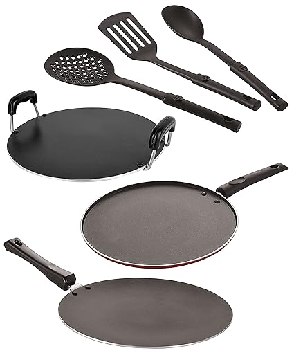 Nirlon Aluminium Nonstick Coated 6 Pcs Set of Concave Tawa-27.5cm,Round Tawa-28.5cm,Smart Tawa-26.5cm,3 Spoon (2.6mm_CT11_RT_ST11_3SPN)