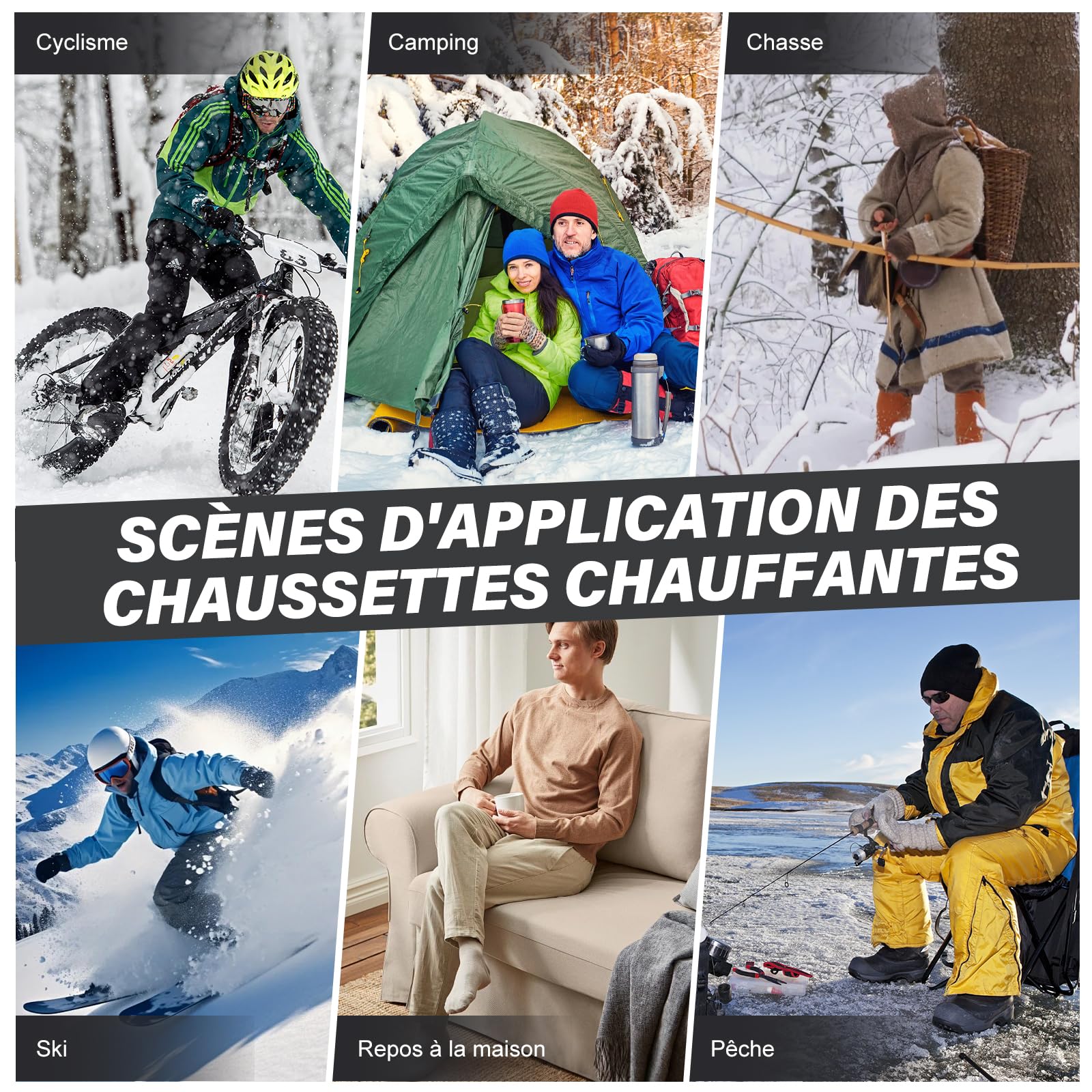Chaussettes Chauffantes, 6000mAh Chaussette Chauffante USB Rechargeable Électrique pour Hommes Femmes, 3 Niveaux Chauffage Chaussettes d'hiver pour Sports - Ski Cyclisme Moto
