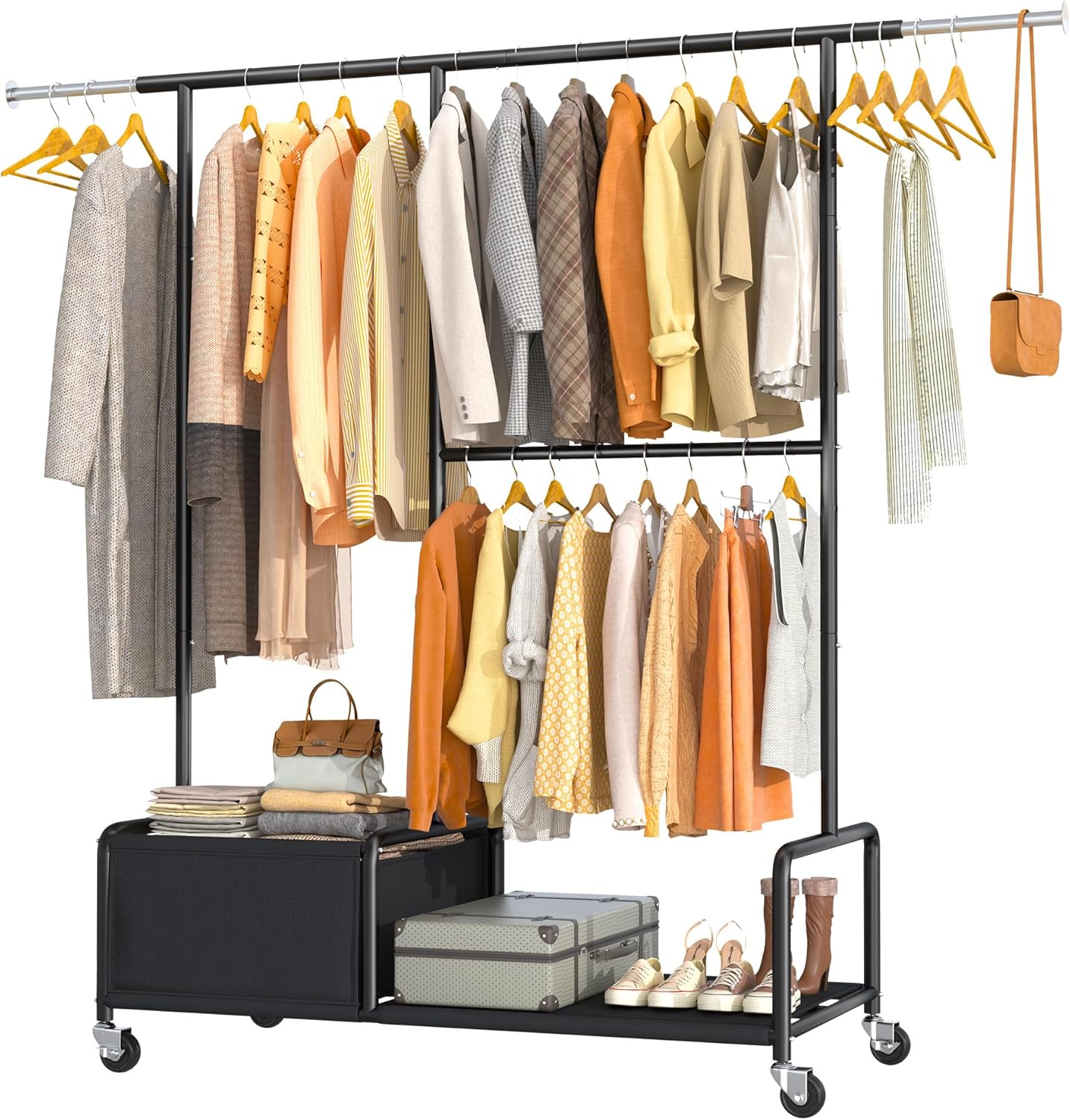 Raybee Clothes Racks for Hanging Clothes with Shelves, Adjustable Clothing Rack with Lockable Wheels, Multi-Functional Closet Rack For Bedroom, Heavy Duty Garment Racks 400 LBS for Hanging Clothes