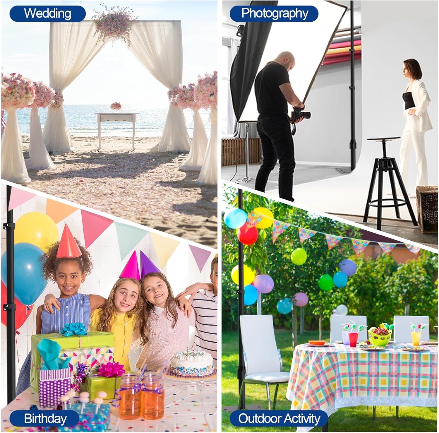EMART Backdrop Stand Heavy Duty 10x10FT, Pipe and Drape Photo Background Photography Kit, Adjustable Metal Frame with Flat Base for Wedding Birthday Party Decoration-Black
