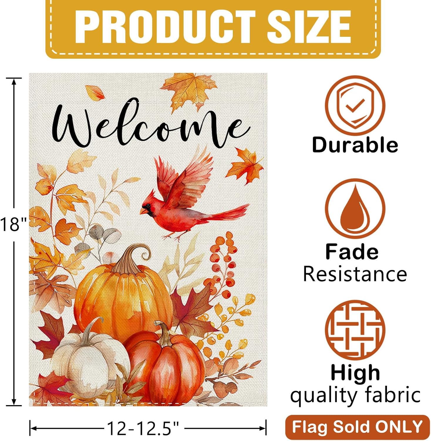 Dyrenson Welcome Fall Pumpkin Cardinal Decorative Garden Flag, Autumn Thanksgiving Harvest Red Bird Yard Outside Home Decoration, Farmhouse Leaves Burlap Outdoor Small Decor Double Sided 12 x 18