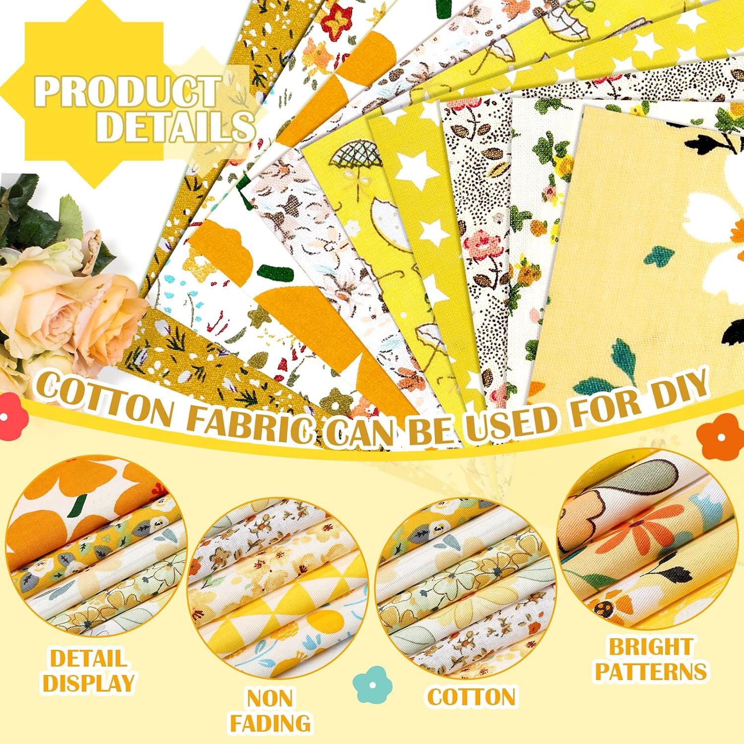 Kinlop 600 Pcs 4"x4" Cotton Fabric Squares Quilting Precut, Yellow image 4