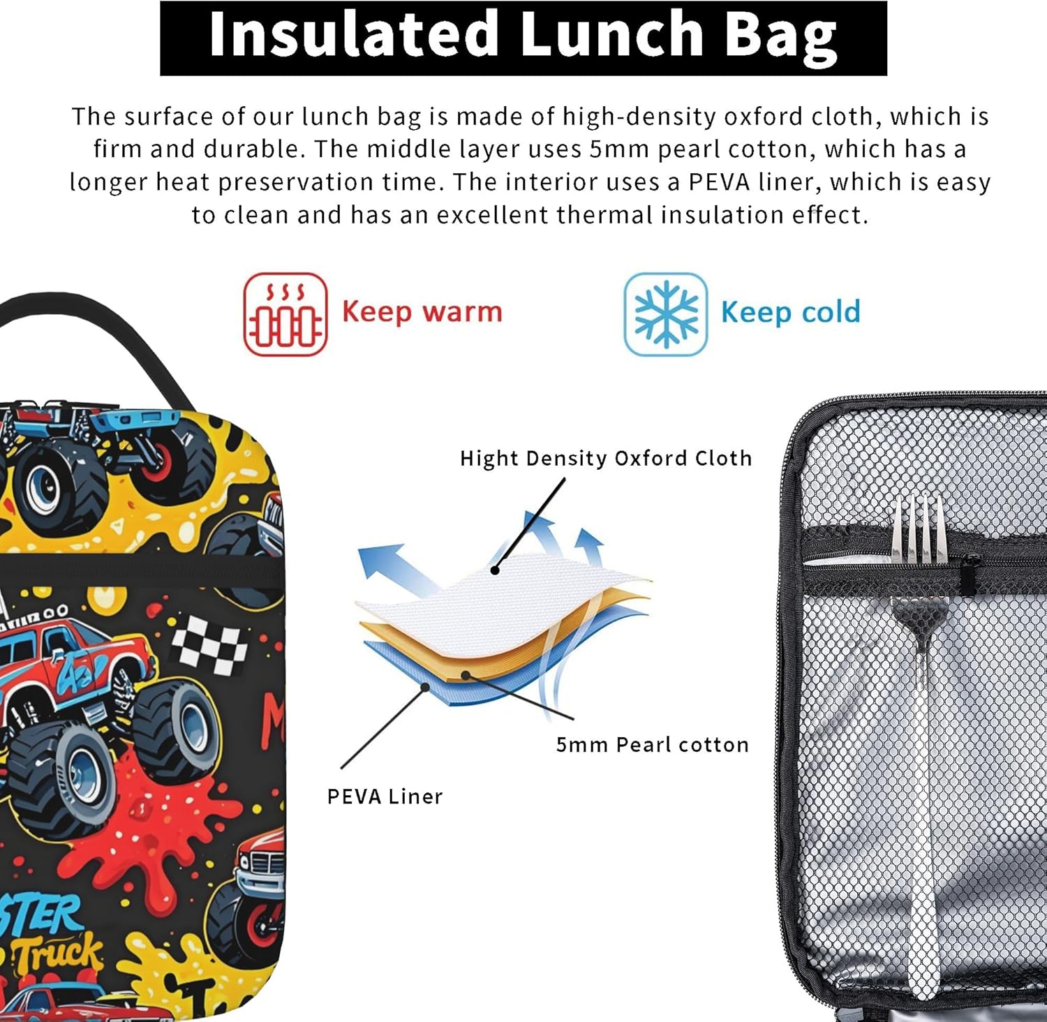 Monster Truck Insulated Lunch Bag for Women & Men, Reusable Leak-Proof Lunch Box with Cooler Compartment, Lunch Tote for Adults Work Travel Picnic Durable & Washable