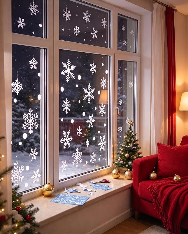 WLEAD 392Pcs Christmas Decorations Window Clings Snowflakes – White snowflakes for indoor glass