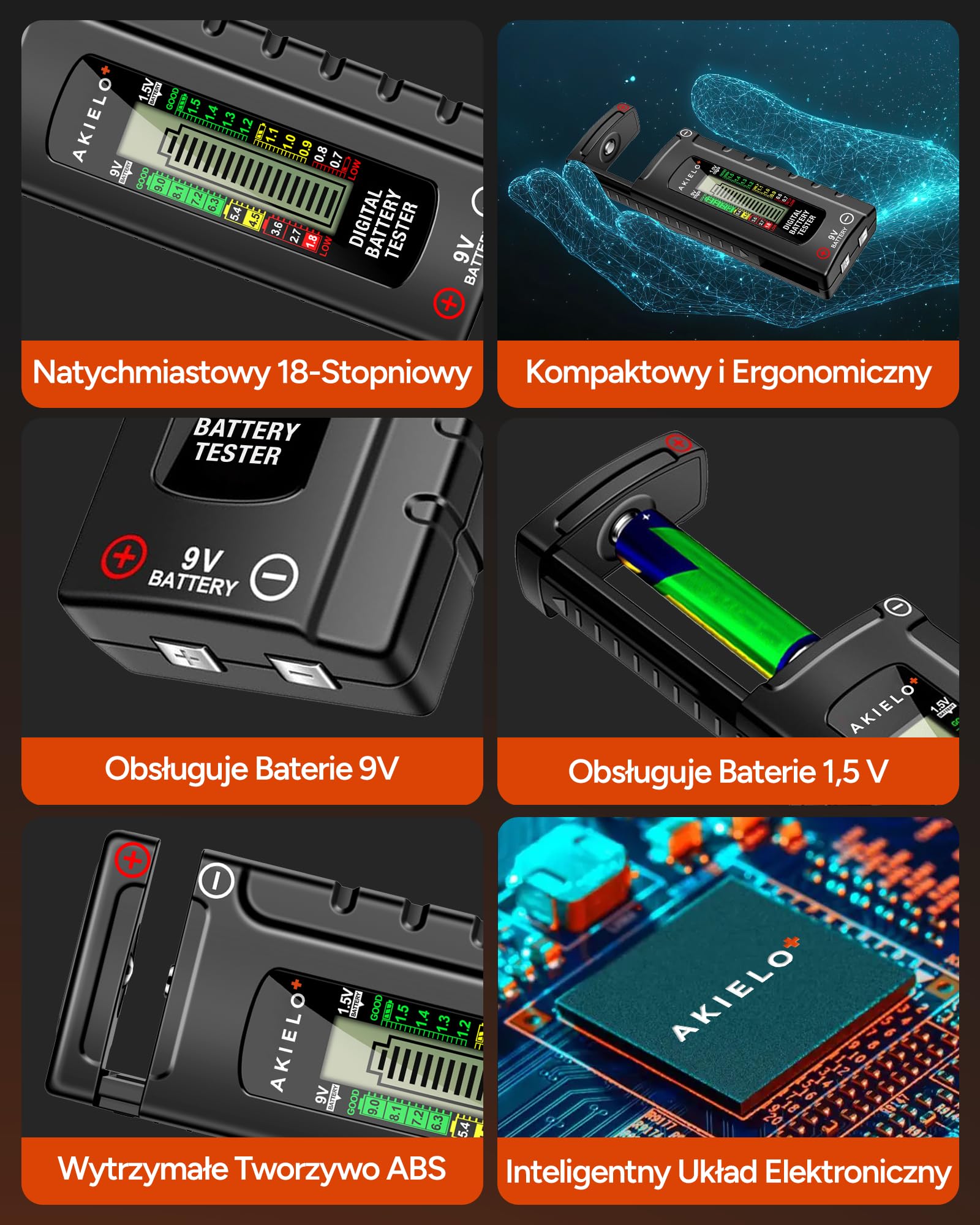 AKIELO+ Cyfrowy Tester Baterii – Łatwy do odczytu wyświetlacz LCD – Nie wymaga baterii – Uniwersalny domowy tester baterii do AA AAA C D 9V 1,5V Bateria guzikowa