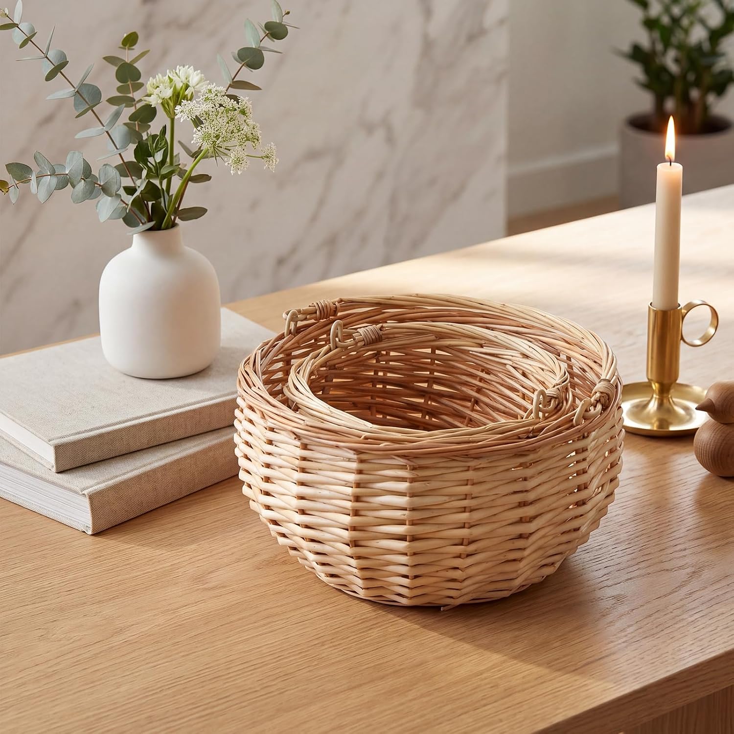 Remerry 2 Pcs Handwoven Willow Basket Set, Natural Wicker Picnic Baskets with Handle, Round Wicker Flower Basket for Wedding Flower Girl, Home Storage and Picnic Organizer