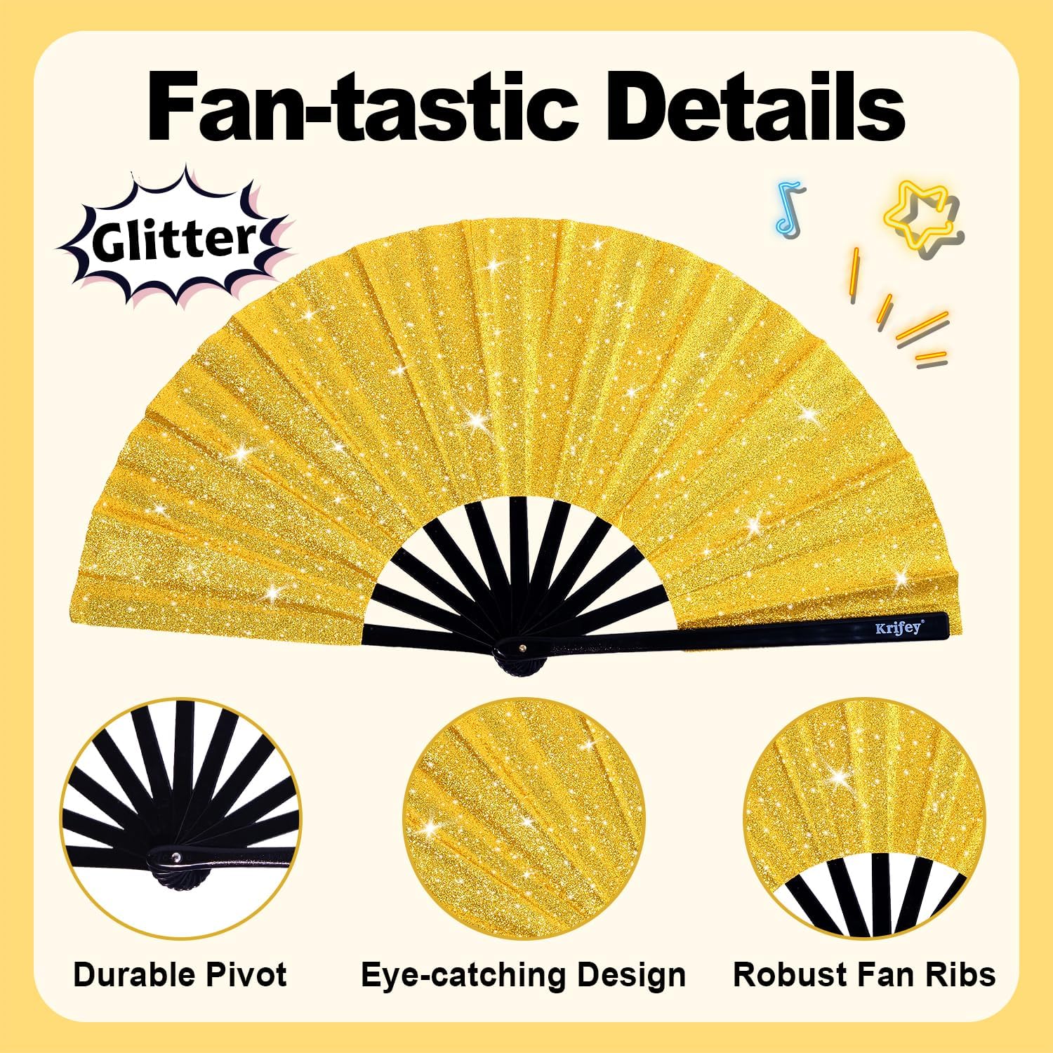 Krifey Large Folding Hand Fan – Bold Snap Fans for Line Dancing, Rave, EDM Festivals & Drag Shows – Statement Accessory for Women, Baddies & Party Queens