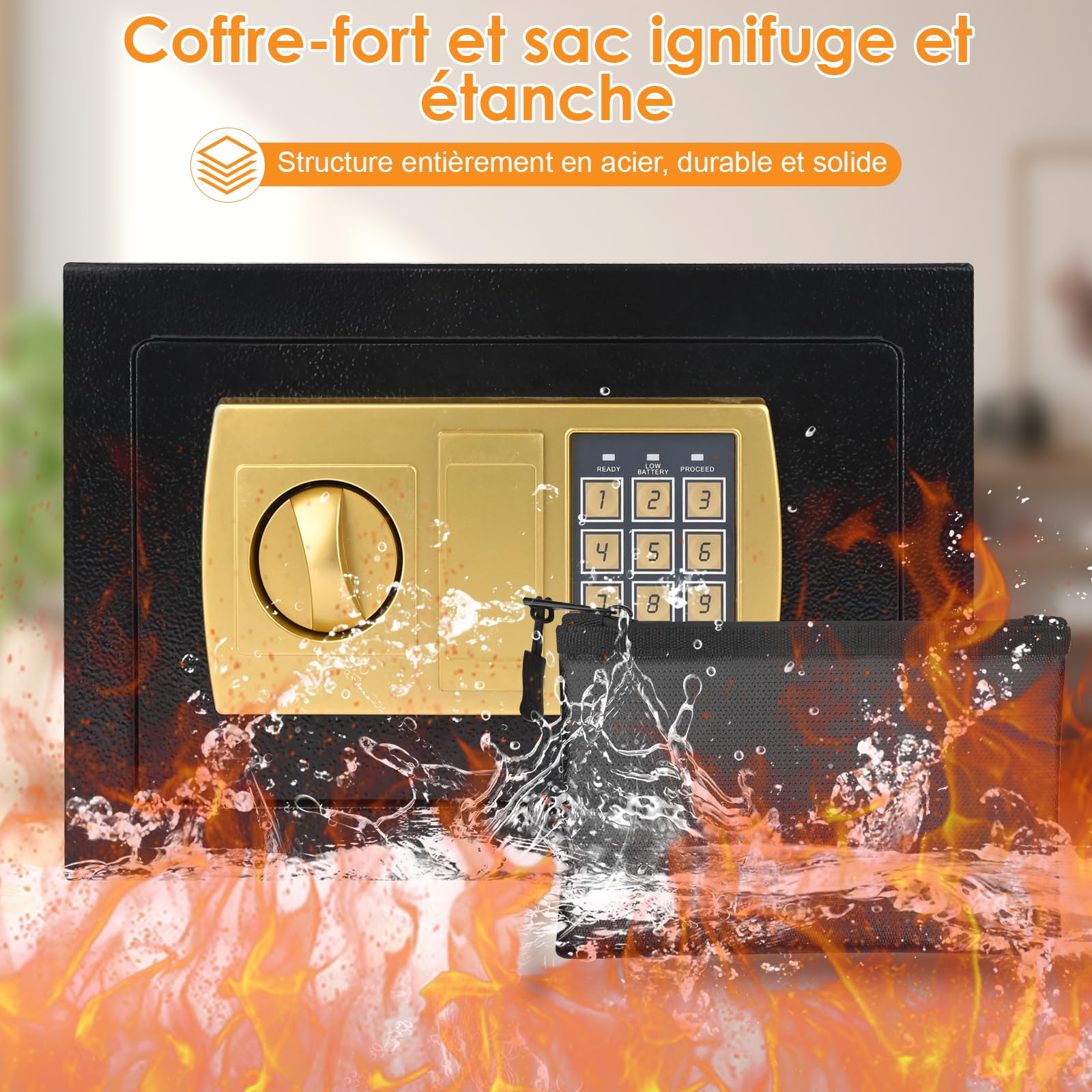 Petit Coffre Fort à Code,Coffre Fort électronique,Coffre-Fort Mural électronique,Coffre Fort Anti Feu et Clés,Acier Mini Coffre,pour Maison, Bureau, Hôtel, 31 x 20 x 20cm