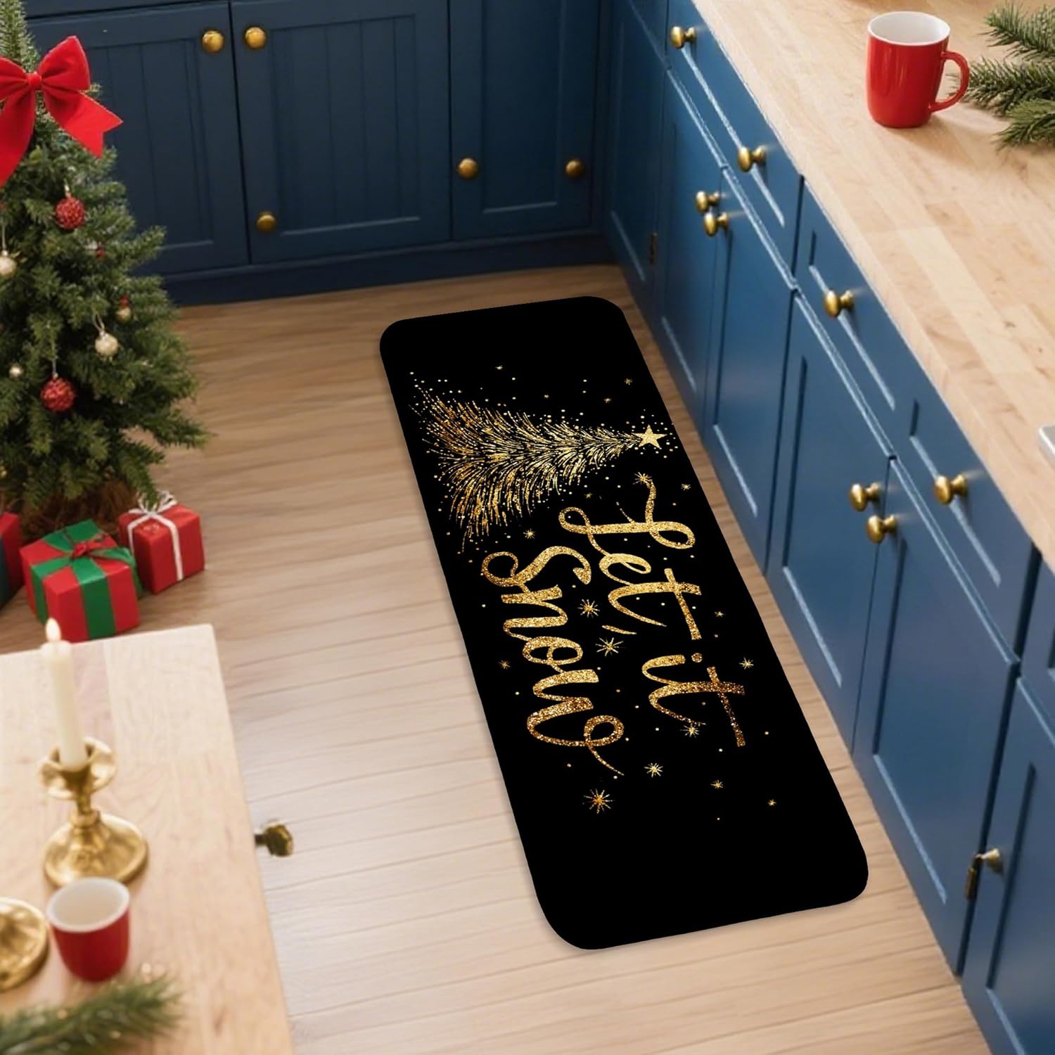 Christmas Kitchen Mats for Floor, Black Gold Tree Snow Cushioned Comfort Washable Non Slip Decor Rugs for Kitchen Sinks Laundryroom Bathroom 3pcs