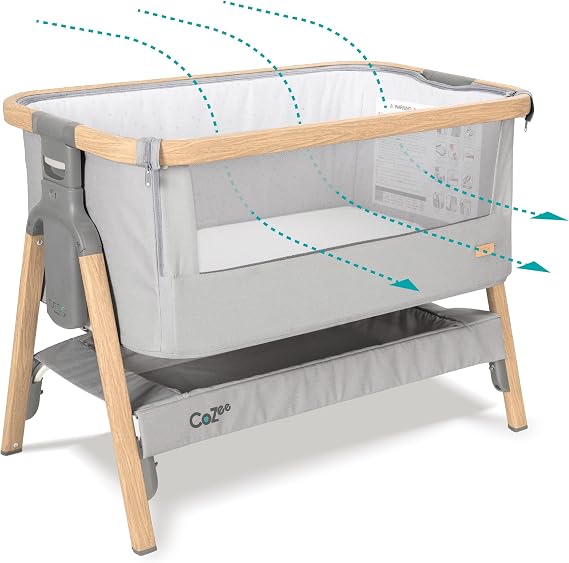 Tutti Bambini CoZee 2-in-1 Baby Bassinet & Bedside Sleeper - Fast-Folding Bedside Bassinet, Baby Crib with 6 Mattress Heights & Breathable Mesh Window, Mattress Included, 0-6 Months (Silver & Oak)