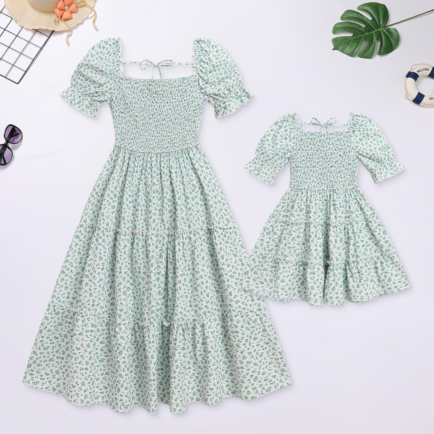 AWIBMK Mommy and Me Dress Summer Casual Floral Print Flutter Sleeve Ruffle Flowy Beach Hawaiian Vacation Dresses - Image 4