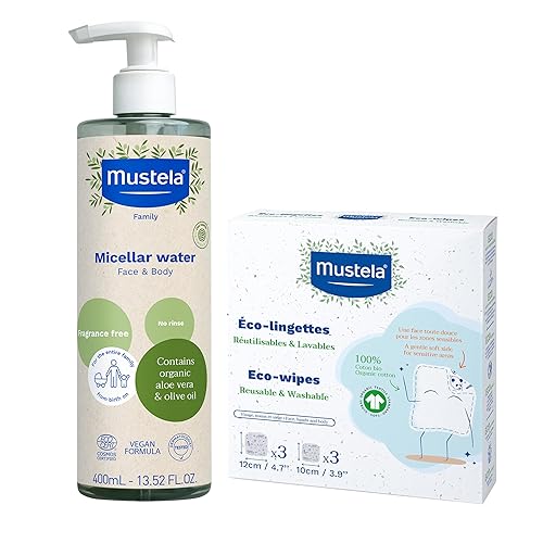 Mustela Agua limpiadora micelar orgánica certificada y reutilizables, paquete de toallitas ecológicas 100% de algodón, para eliminación de