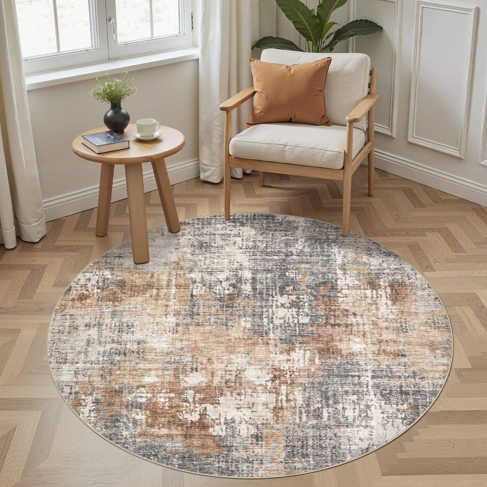 DMOYEST Wohnzimmer Teppich Rund 135cm: Modern Waschbar Kurzflor Anti-Rutsch Rückseite Weich Runder - Graubraun Teppiche für Schlafzimmer Esszimmer