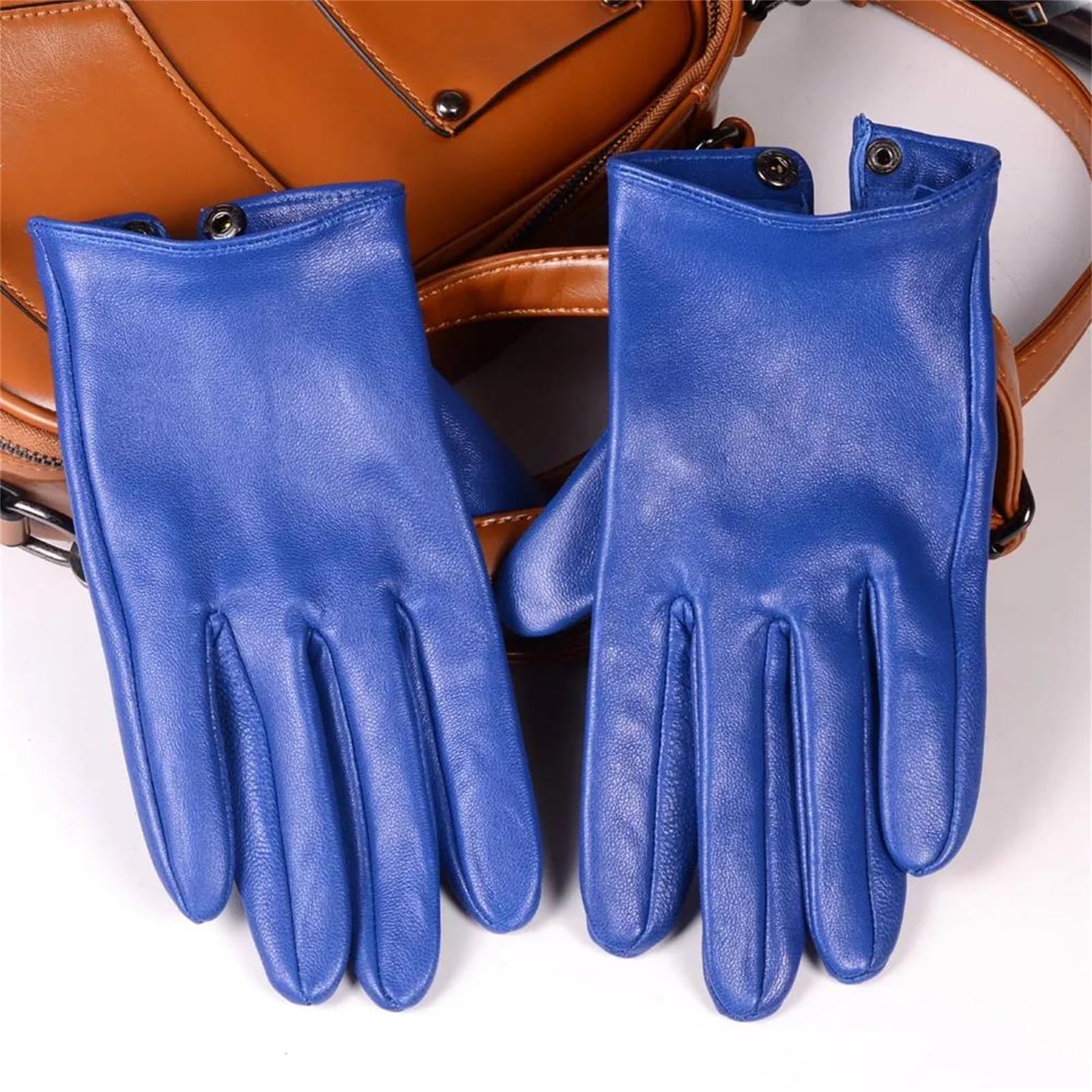 Guantes de piel de oveja auténtica azul para hombre, cortos, delgados, sin forro, para pantalla táctil, mensajes de texto, para conducir en el coche