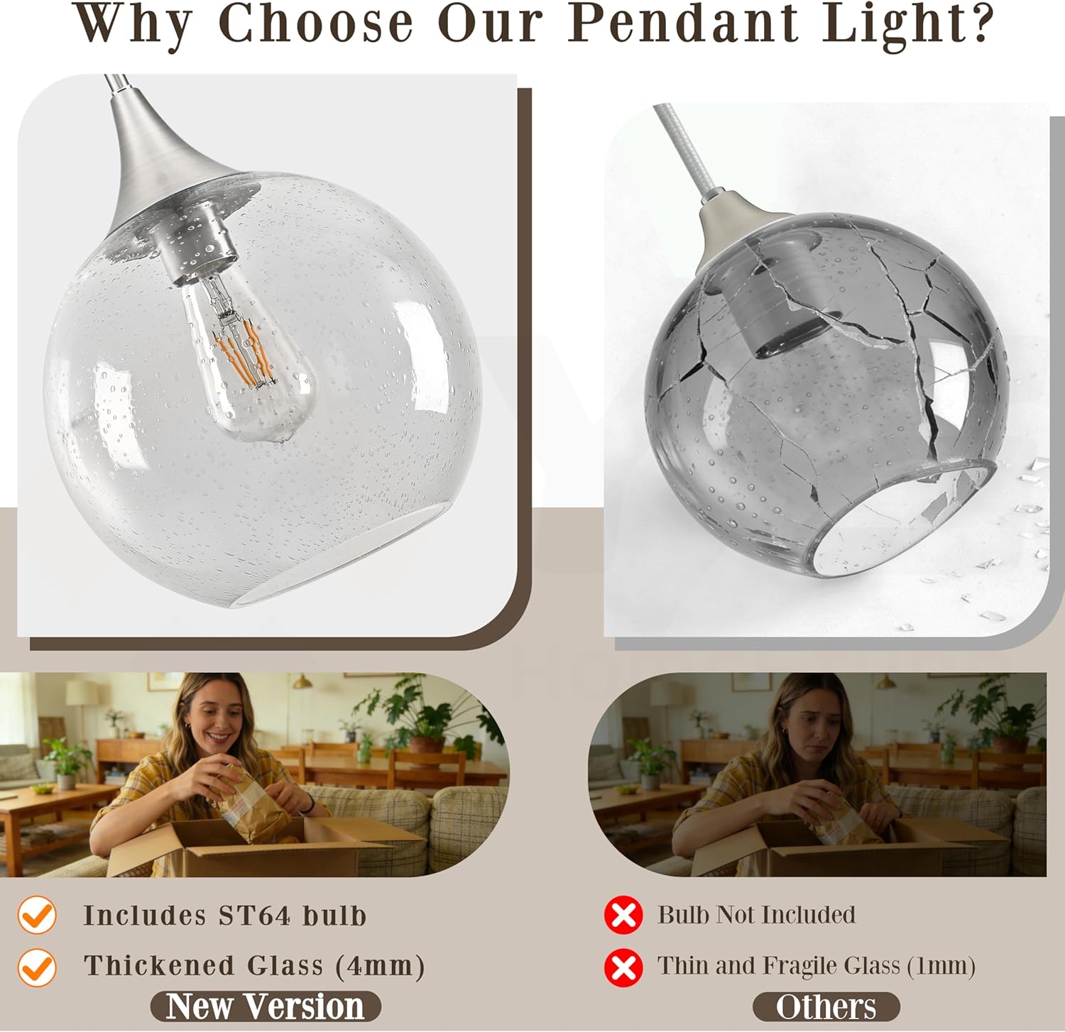 10" Clear Glass Modern Pendant Light Kitchen Island Mid Century Brushed Nickel Modern Pendant Lighting with Glass Globe Modern Hanging Pendant Light for Dining Room Foyer（Bulb Incl.）