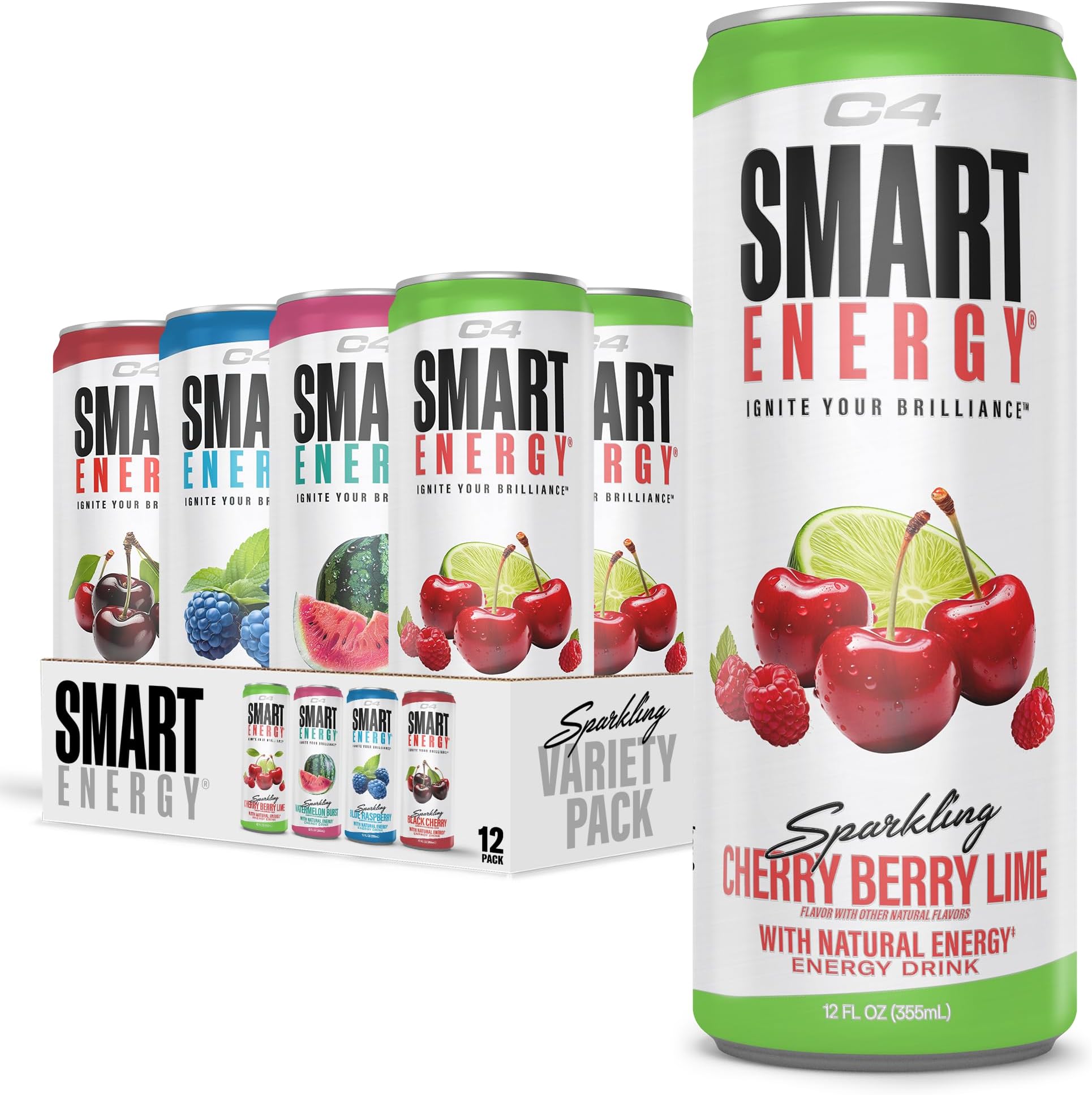 Cellucor C4 Smart Energy Drinks Variety Pack, Sugar Free Performance Fuel & Nootropic Brain Booster, Coffee Substitute or Alternative, 4 Flavor Berry Breeze Variety 12 Pack