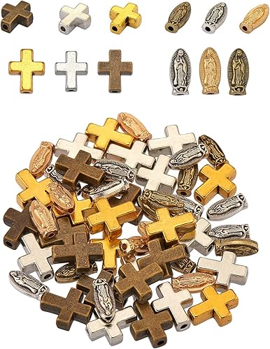 BEEFLYING 60 cuentas mixtas de cruz de la Virgen María tibetana católica y cruz, cuentas ovaladas de religión católica, para hacer pulseras, joyas,
