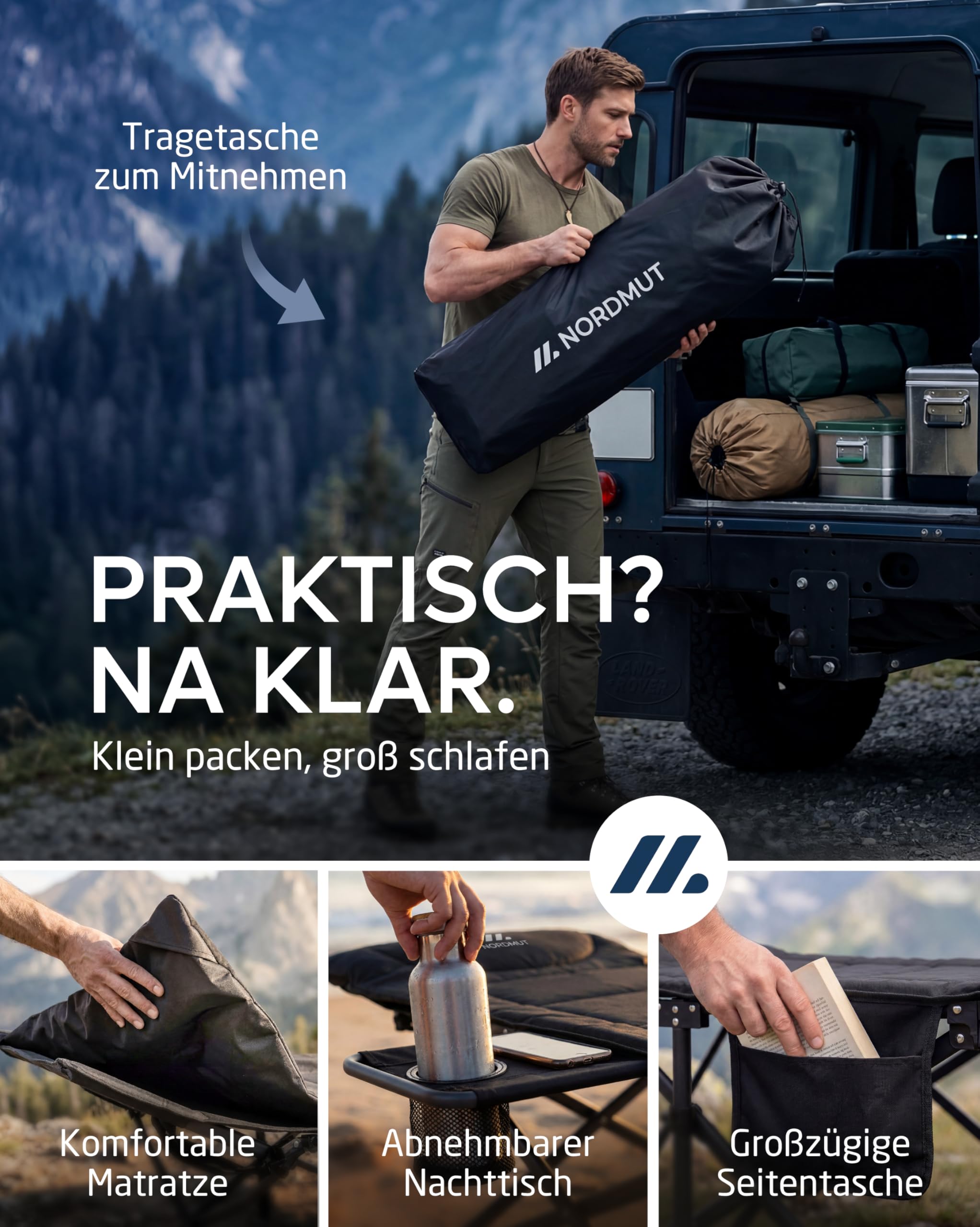 NORDMUT® Feldbett klappbar mit komfortabler Matratze - stabiles Campingbett bis 200 kg belastbar - Premium Gästebett faltbar für Camping, Garten & Gäste (Aschgrau, mit Auflage)