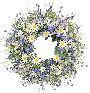 DIYFLORU 22 Inch Blue Spring Wreath for Front Door - Lavender Daisy Wildflower Summer Floral Wreath Outdoor Indoor Decor