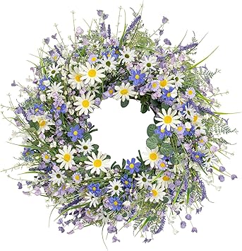 22 Inches Summer Wreaths for Front Door Blue Summer Door Wreath Spring Floral Wreath with Wildflower Lanvender for Wall Porch Indoors Outdoor Window Home Decorations