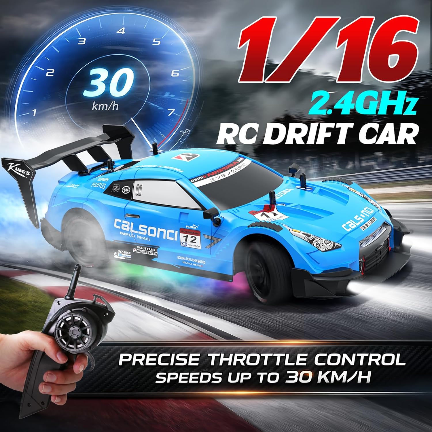Remote Control Car RC Drift Car 1:16 Scale 4WD RC Vehicle with LED Lights 2.4GHz 30km/h RTR High Speed Racing Sport Toy for Adults Boys Girls Kids Gift 2Pcs Rechargeable Battery