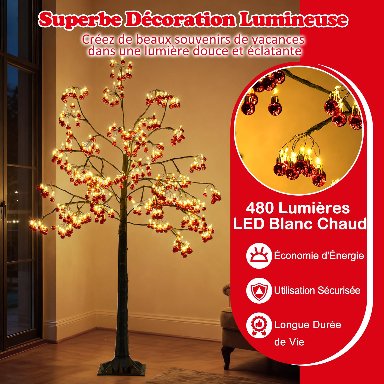 COSTWAY 150 cm Arbre Artificielle Lumineux, 384 Boules Rouges, Sapin de Noël, 480 LED Blanc Chaud, Branches Flexibles, Piquets de Sol, Noel Decoration Exterieur Interieur