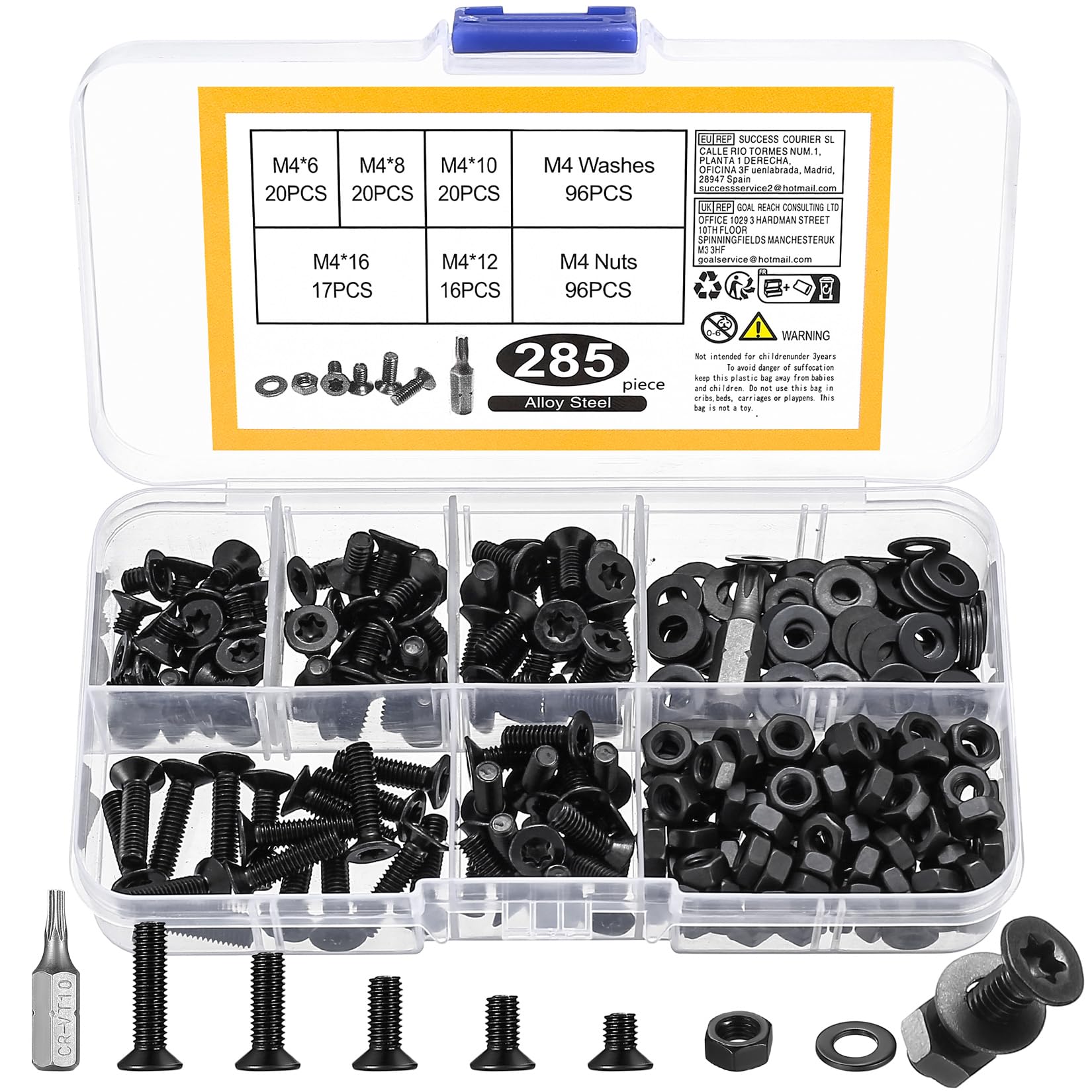 285 Pcs M4 Bolts and Nuts Set, M4 Countersunk Screws Nuts and Bolts Set including Washers