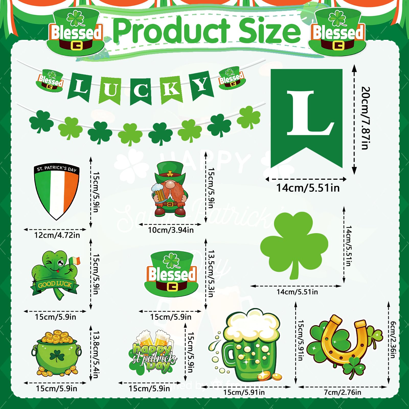 JoyAura St Patricks Day Decorations, St Patrick’s Day Shamrock Shield Banner with Hanging Bunting and Balloons, Cake Topper - Image 2