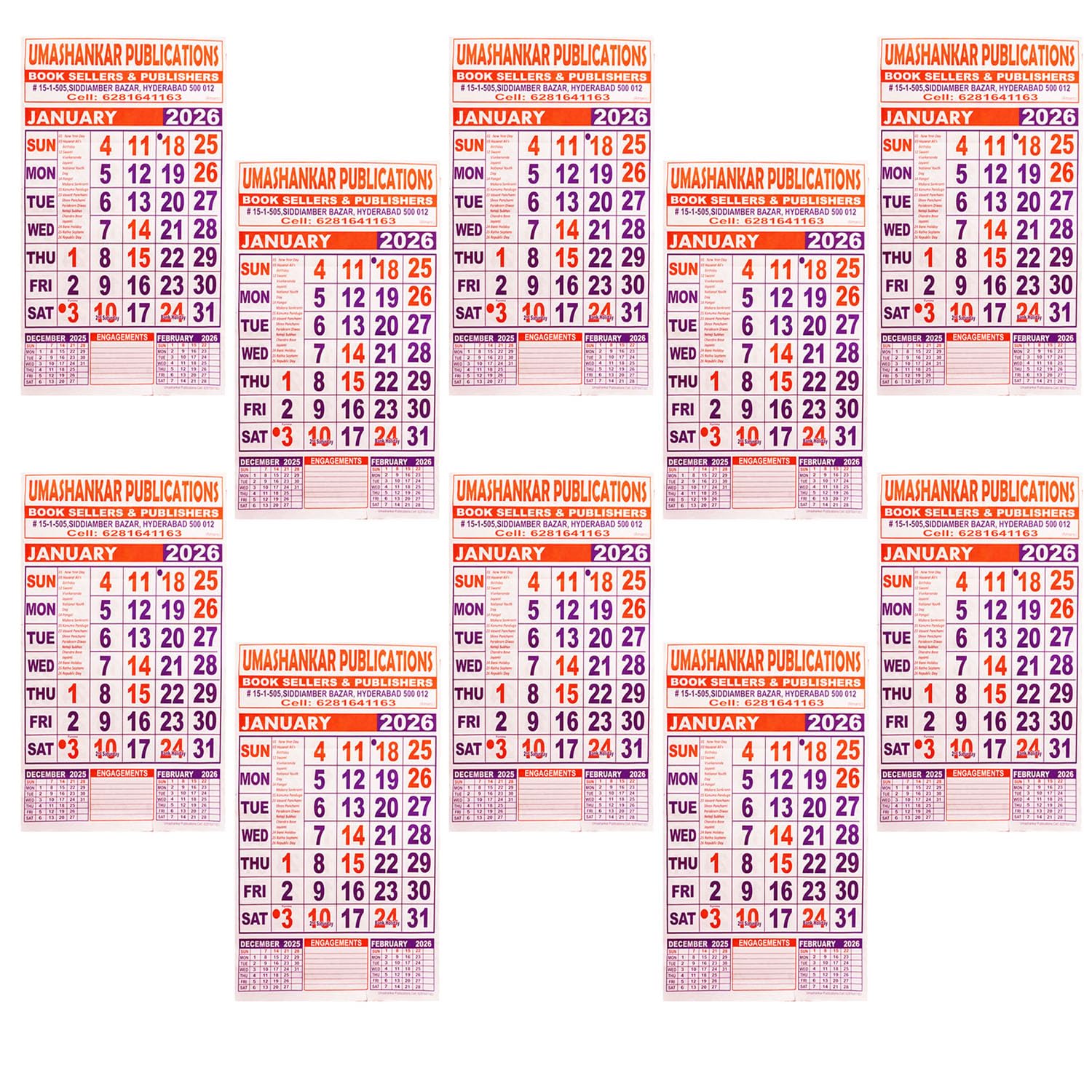 - TAVASYA 2026 Wall Large Calendar – Pack of 10 – Monthly English Calendar (72 × 50 cm) with Date Grid & Indian Holidays – Easy-to-Hang – Planner for Home, School, Shop & Office