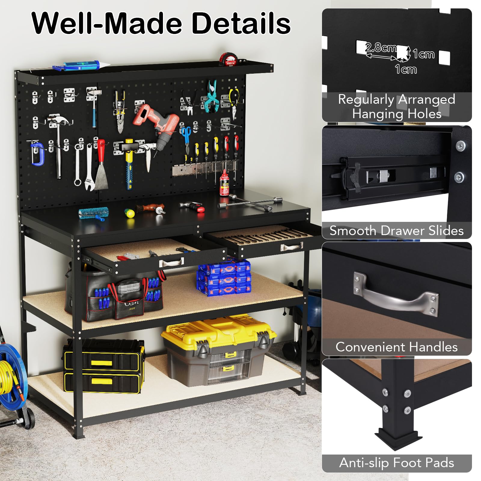 SOARS Werkbank mit Lochwänden, Werkzeugbank Metall mit 3 offenen Regalen & Zubehörteilen zum Aufhängen für Garage, Werkstatt (Schwarz, 121 x 61 x 156 cm)