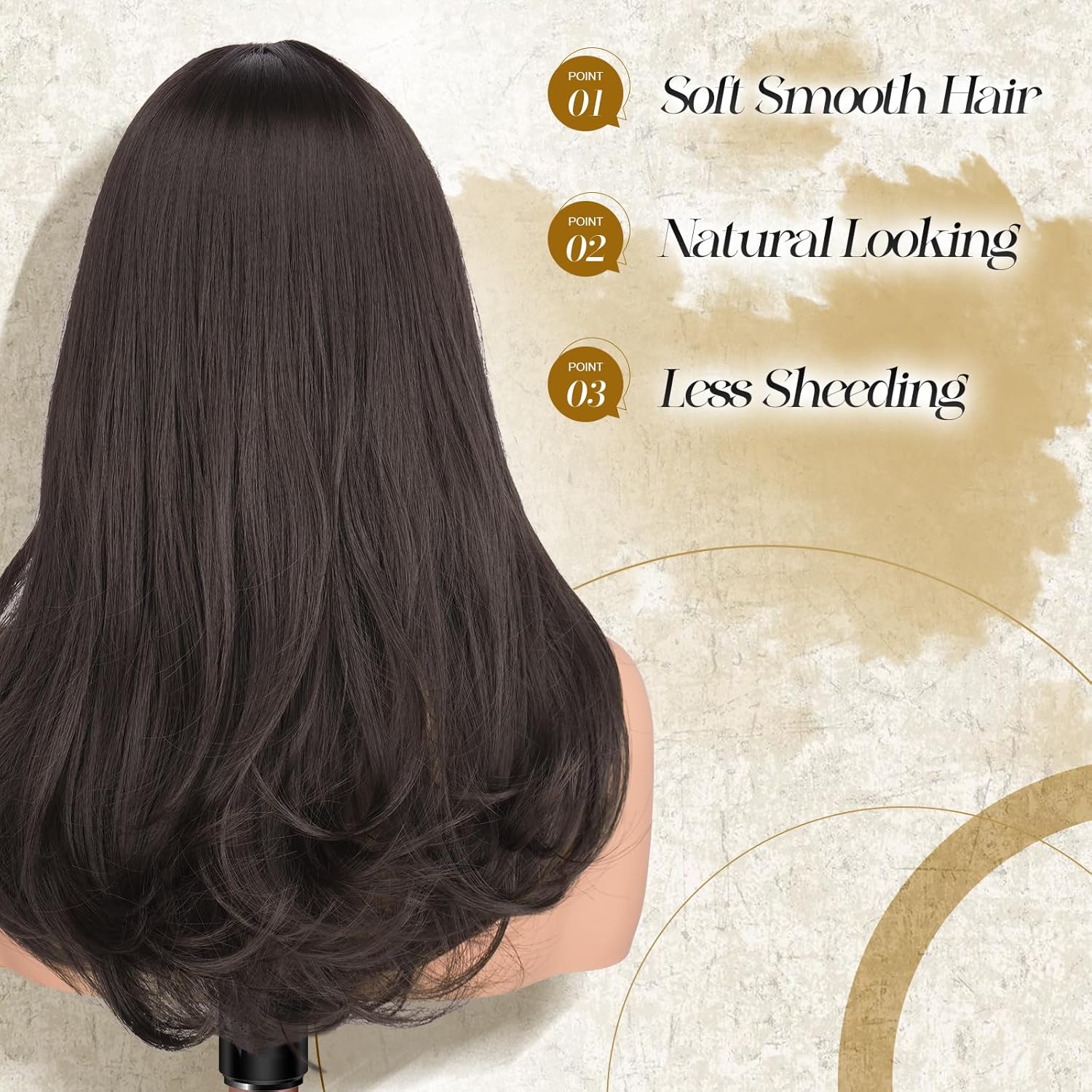 FESHFEN Long Wigs with Bangs, Synthetic Natural Looking Layered Straight Hair Wig for Women Daily Party Use 18 inch, Brown - Image 4