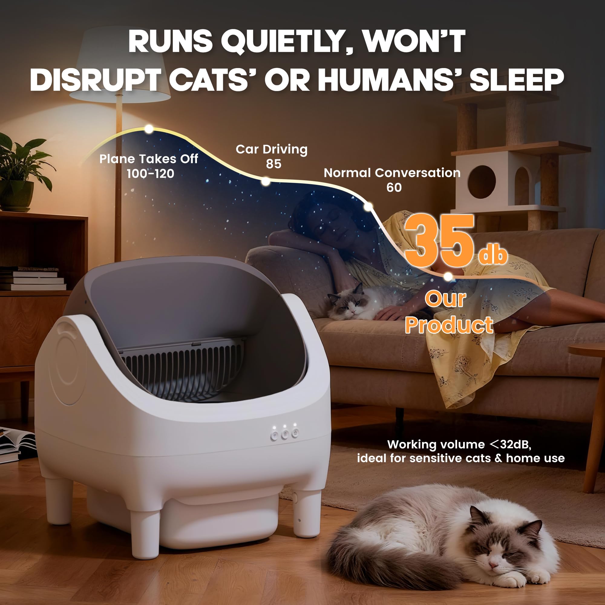Greesum Self Cleaning Cat Litter Box – Automatic Open-Top Smart Litter Box with App Control, 15L Odor-Sealed Waste Bin, Ultra Quiet 35dB, Multi-Cat & Large Cat Compatible, with Trash Bags & Mat - image 7