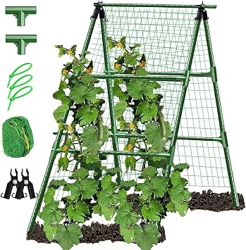 A-Frame Metal Garden Trellis Set for Raised Bed for Climbing Plants Outdoor-Detachable Cucumber Climbing Trellis with Net Clips-Garden for Cucumber Flowers Vegetables
