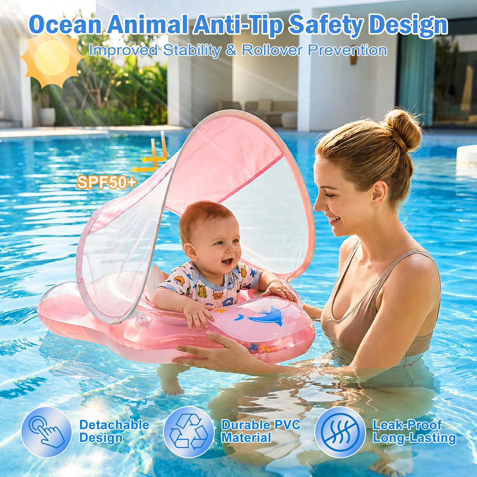 Flotador de Bebé con Toldo Solar, Tiburón Rosa para Niños 12-36 Meses, Flotador de Piscina Hinchable con Cámaras Elevadas Antivuelco y Arnés de Seguridad