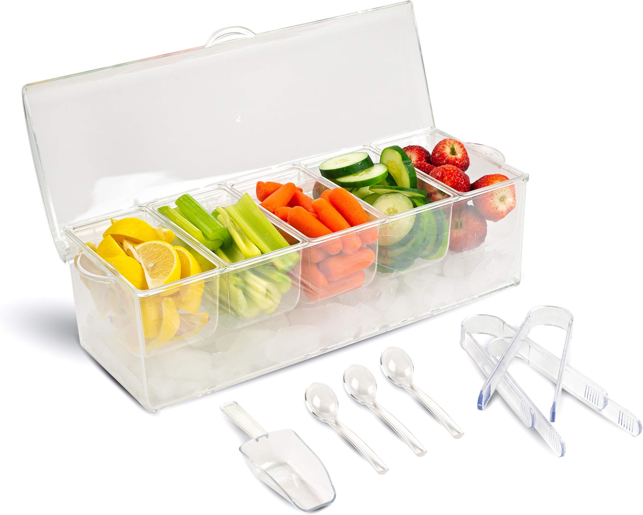 Condiment Organizer with Reusable Containers and Lid | Chilled Bar Condiment Caddy | Server Set - Includes 3 tongs, 3 serving spoons, and 1 scoop | Perfect for Camping, Coffee, BBQ, Homes