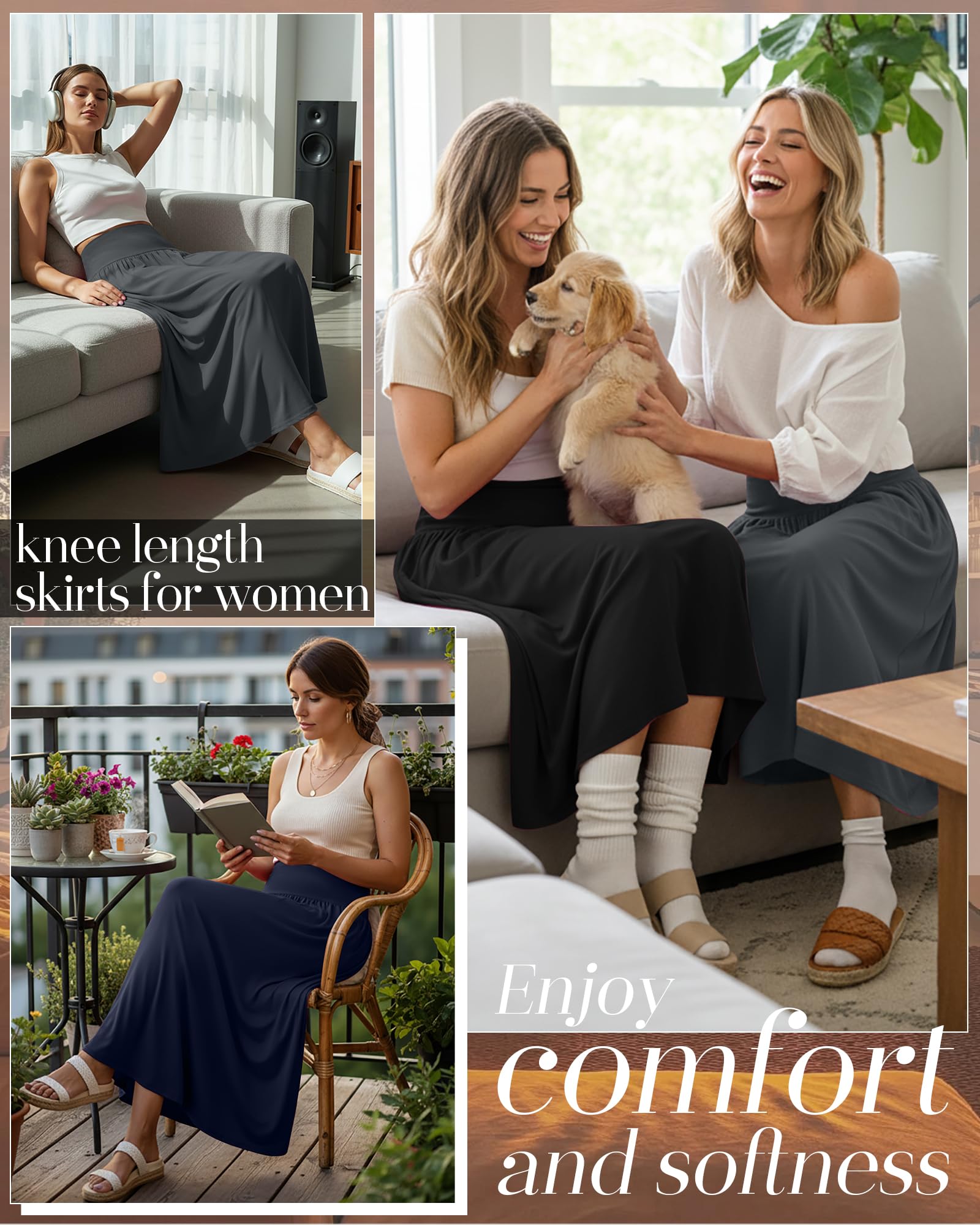 Ficerd Lot de 3 Jupes Longues Maxi pour Femmes, Longueur Cheville, Taille Haute, Coupe Trapèze Fluide, Poches, Été