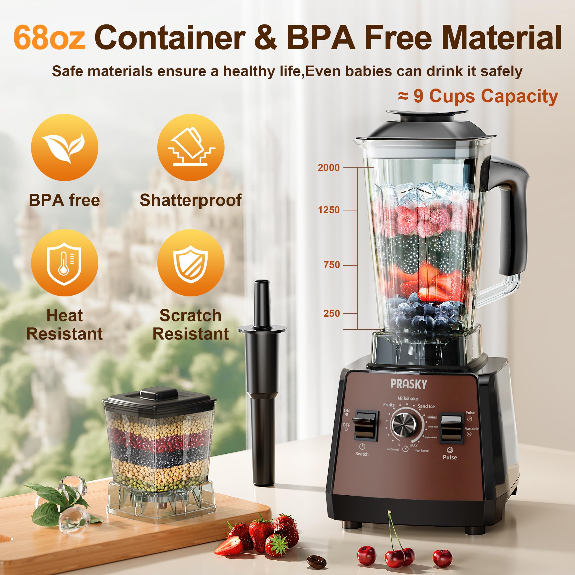 Blenders for Kitchen, Smoothie Blender, 2400W/1000W Prasky Blender