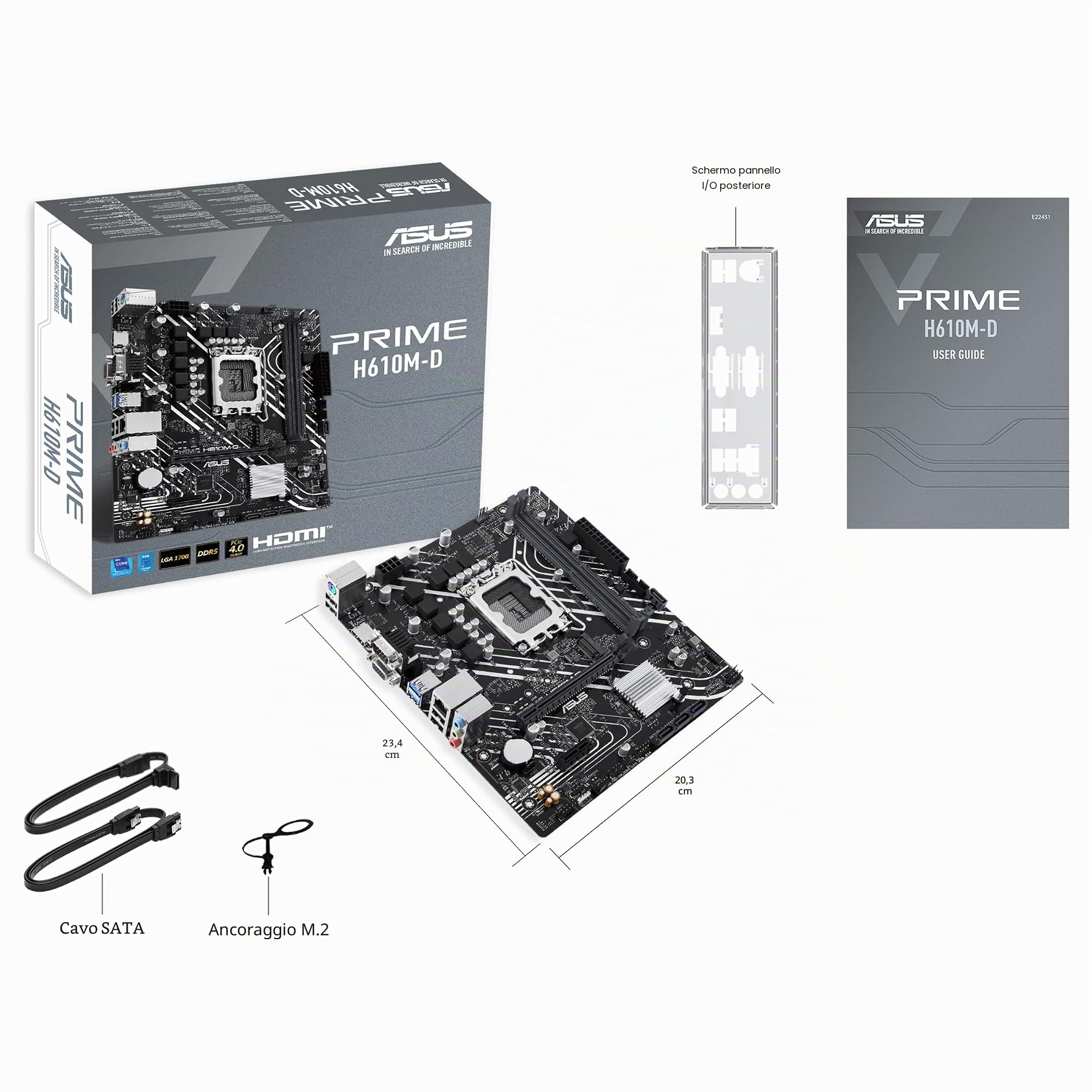 ASUS PRIME H610M-D, Scheda Madre Intel mATX, Slot DDR5, Nera | LGA 1700, PCIe 4.0, slot M.2, Realtek 1 Gb Ethernet, HDMI, VGA, USB 3.2 Gen 1, SATA 6 Gbps, Header RGB