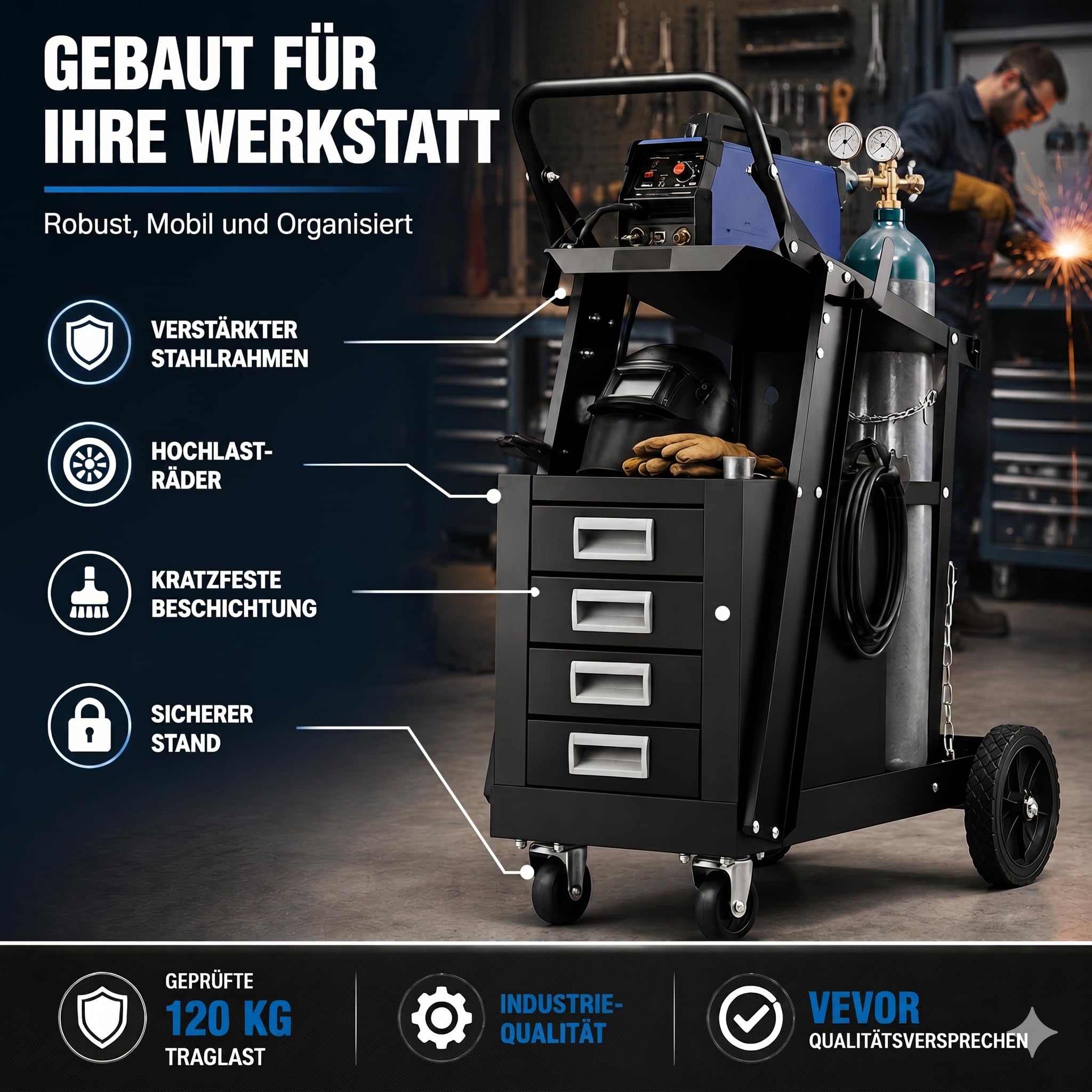 WERKTHOR Carrello Saldatrice Black Basic 100 kg 4 Cassetti Supporto Bombola Gas Sicurezza