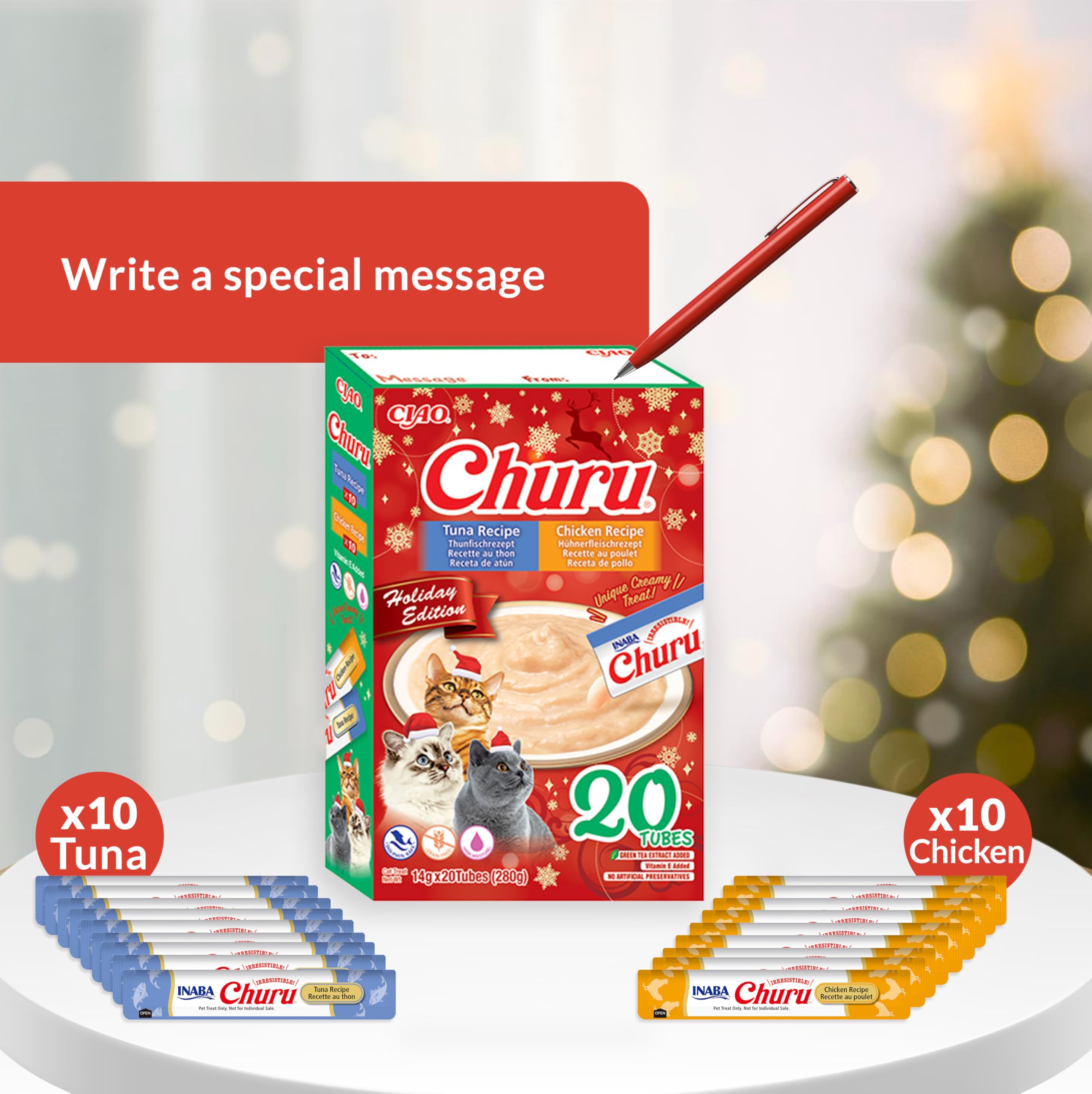 INABA CIAO - Holiday Box Dashi Delights - 10 Kurczak Churu - 10 Tuńczyk Churu - Bogaty w białko - Karma dla kotów - Topping - Naturalne składniki - Smaczne i zdrowe - Karma dla kotów