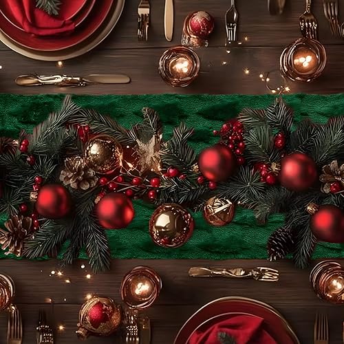 Miniatura 3 de IVAPUPU Camino de mesa de Navidad para vacaciones de invierno, árbol de Navidad verde de felpa suave con pelusa, decoración del hogar de Navidad de