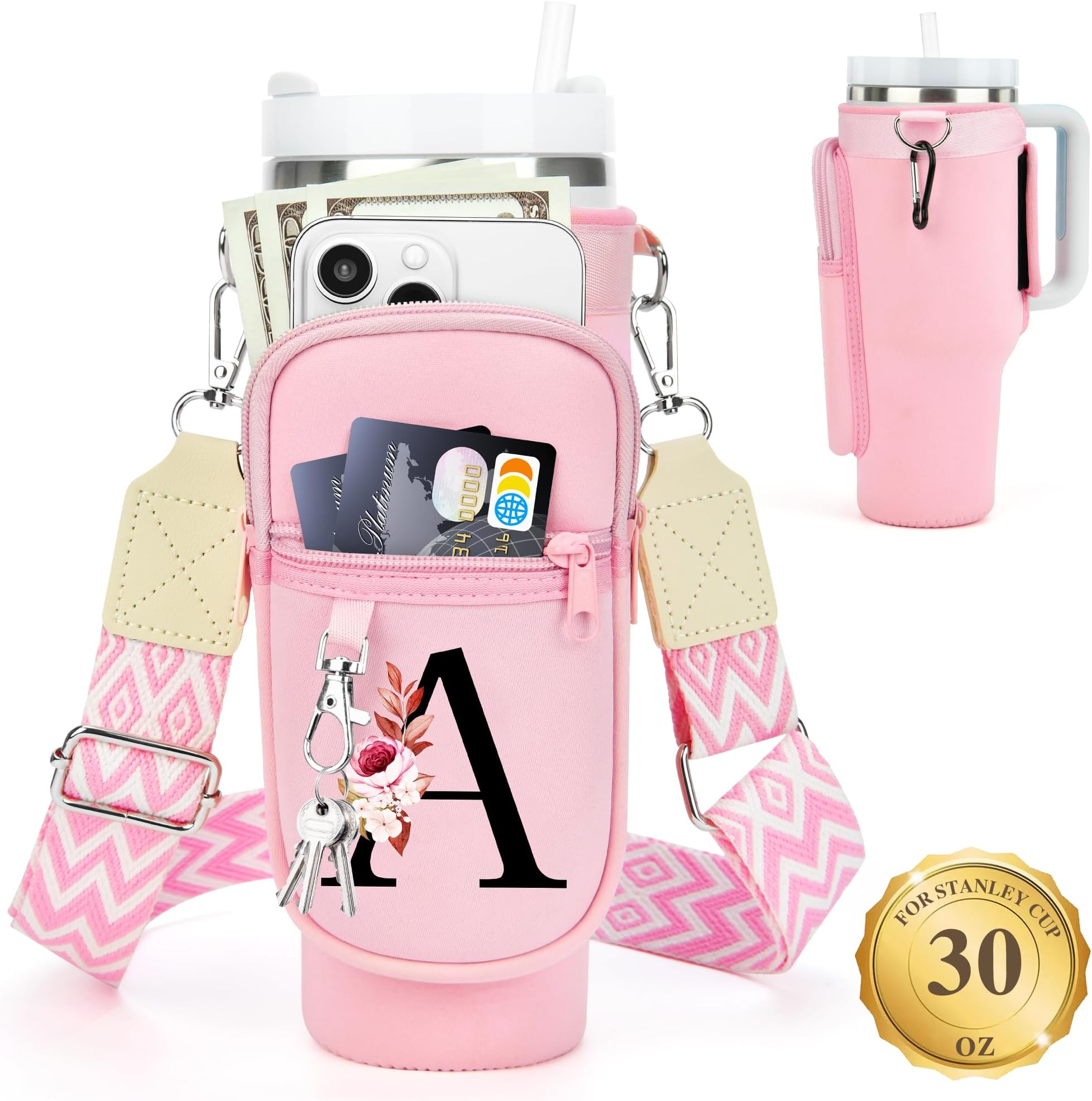 Personalized for Stanley Cup Accessories 30oz, Initial Stanley Cup Holder with Strap, Cup Carrier Bag Water Bottle Holder with Phone Pocket Gifts for Women, Girls, Mom Travel, Walking,Work