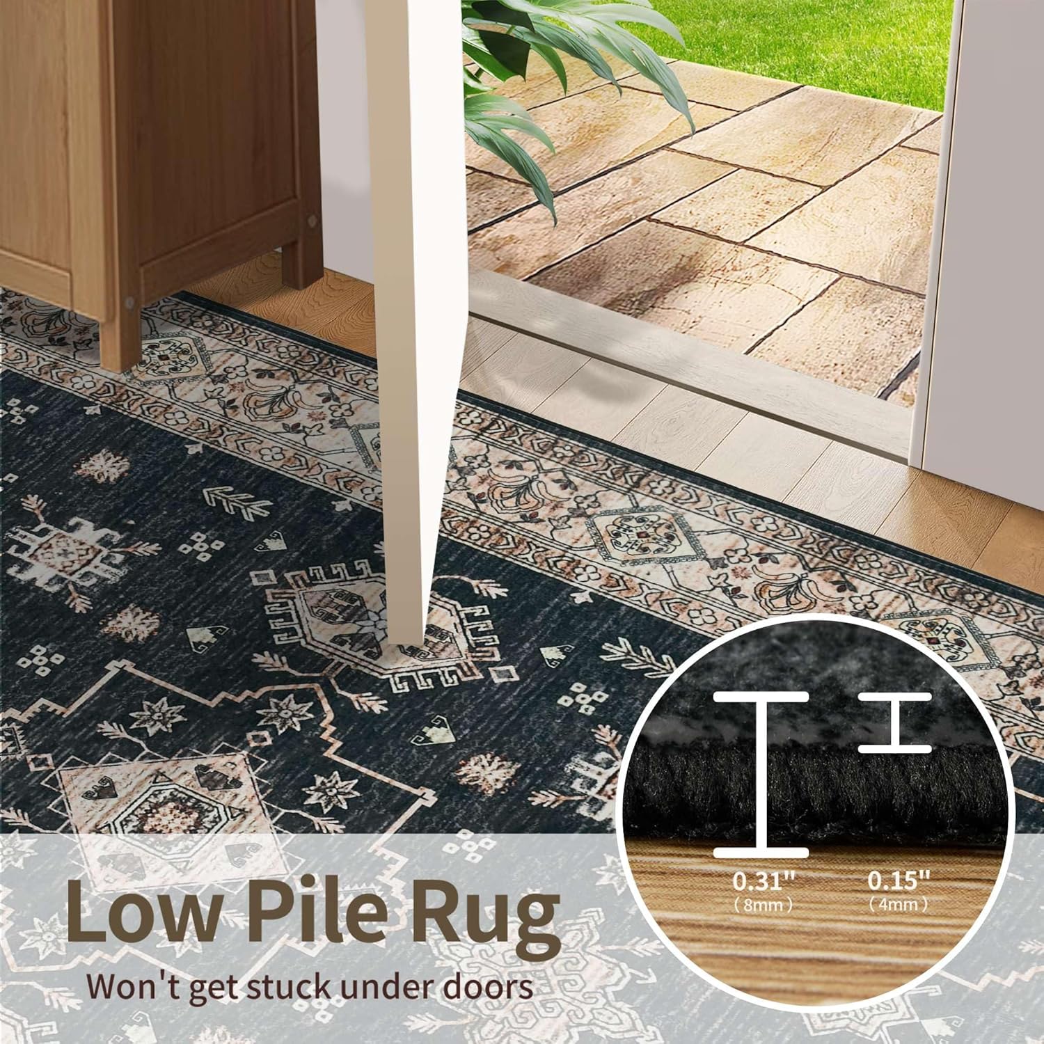 Rugxara Area Rugs for Living Room Bedroom, Washable Rug, Black Vintage Floral Boho Rug, Non Slip & Low Pile Faux Wool Accent Carpet for Indoor Dining Room, Kids Room and Office(Black 4x6ft)
