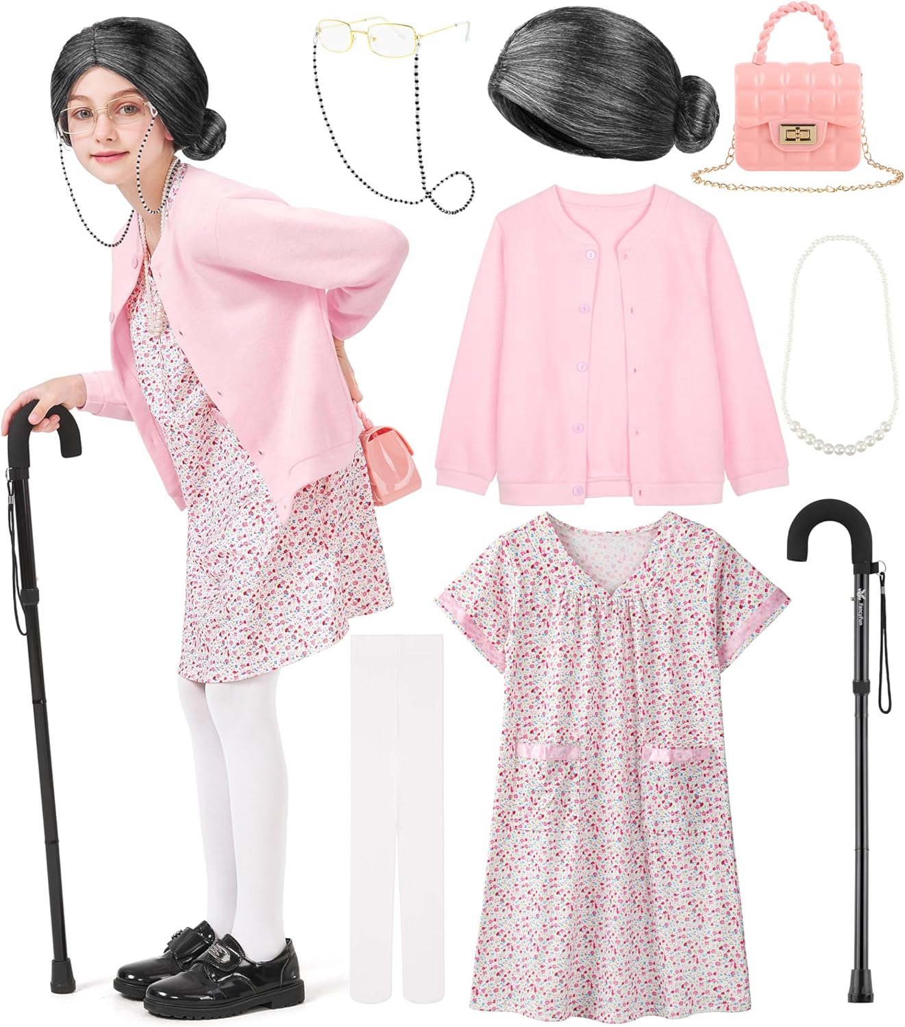 8 Pcs 100 Days of School Costume for Girls, Old Lady Costume for Kids Grandma Wig Dress Granny Nightgown Accessories