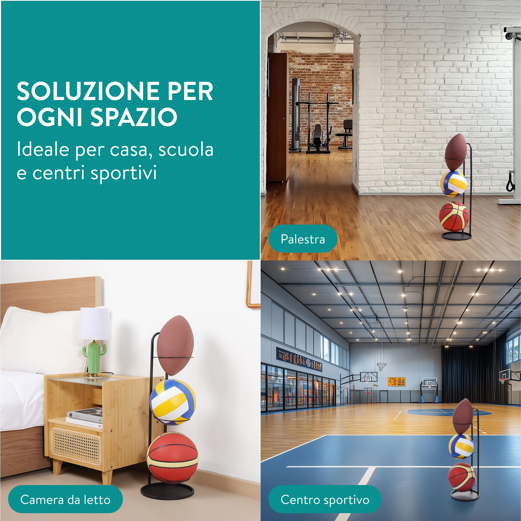 Navaris Rastrelliera da Basket - Porta Pallone Calcio Pallavolo e Altri Sport - Soluzione di Stoccaggio a 3 Livelli - Montaggio Senza Viti - in Acciaio - per Camera Garage Palestra