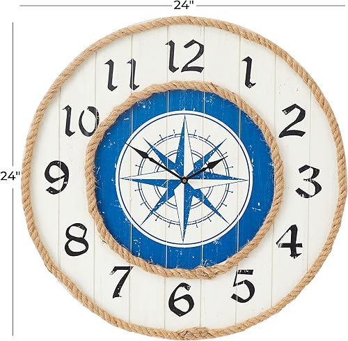 Miniatura 3 de Deco 79 Reloj de pared con brújula de madera con detalles de cuerda, 24 x 2 x 24 pulgadas, azul