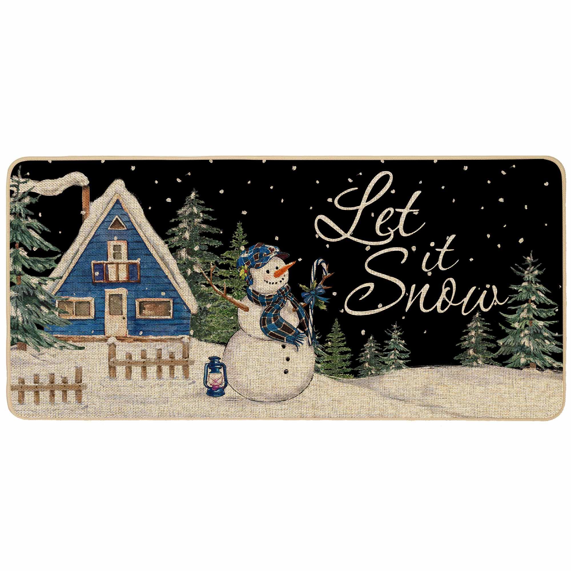 BaccessorLet It Snow Winter Snowman Welcome Doormat Snowflake Plaid Check Decorative Indoor Outdoor Door Mat Entrance Non Slip Rubber Backing Front Rug Kitchen Floor Decoration 17 x 36 Inch (Black)