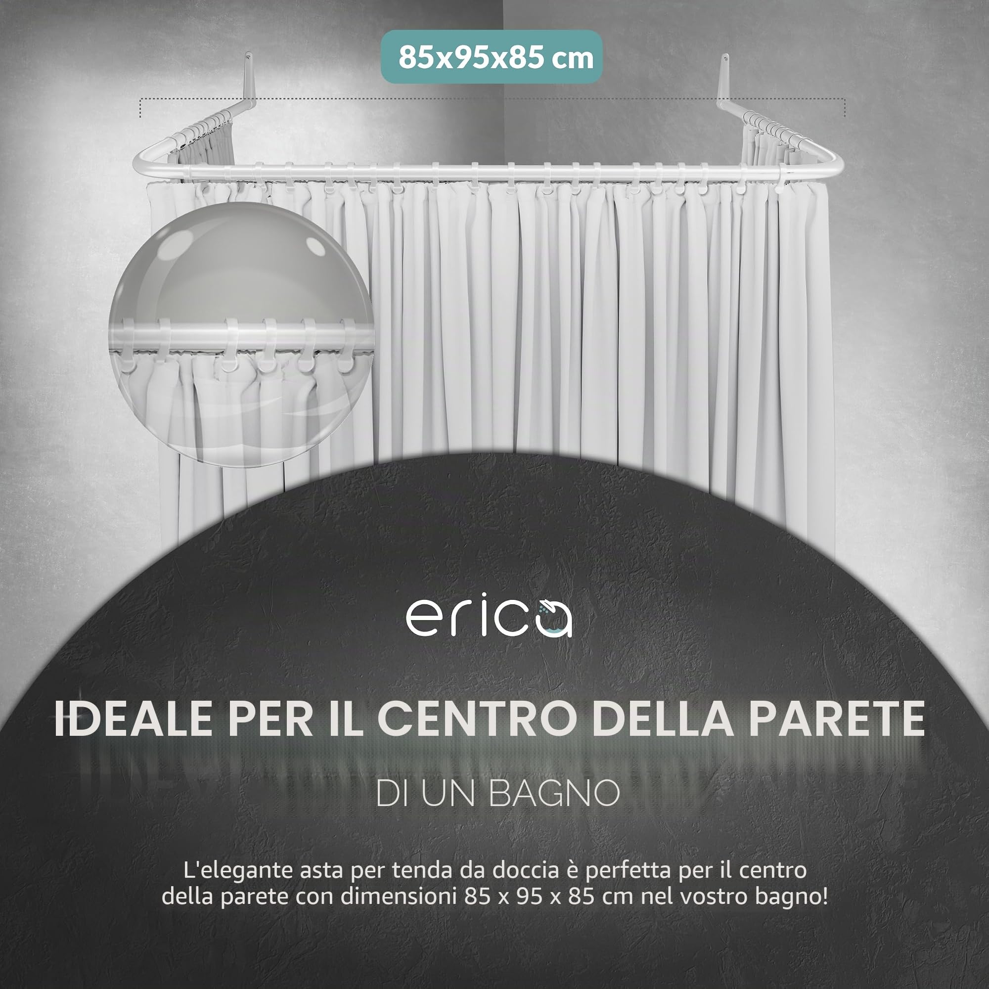 Erica Asta Tenda Doccia 85x95x85 cm, Tubo Tenda Doccia a Muro Senza Fissaggio Soffitto – Rivestimento in Plastica Senza PVC, Bastone per Tenda Doccia 100% Acciaio Inox. Bianco.