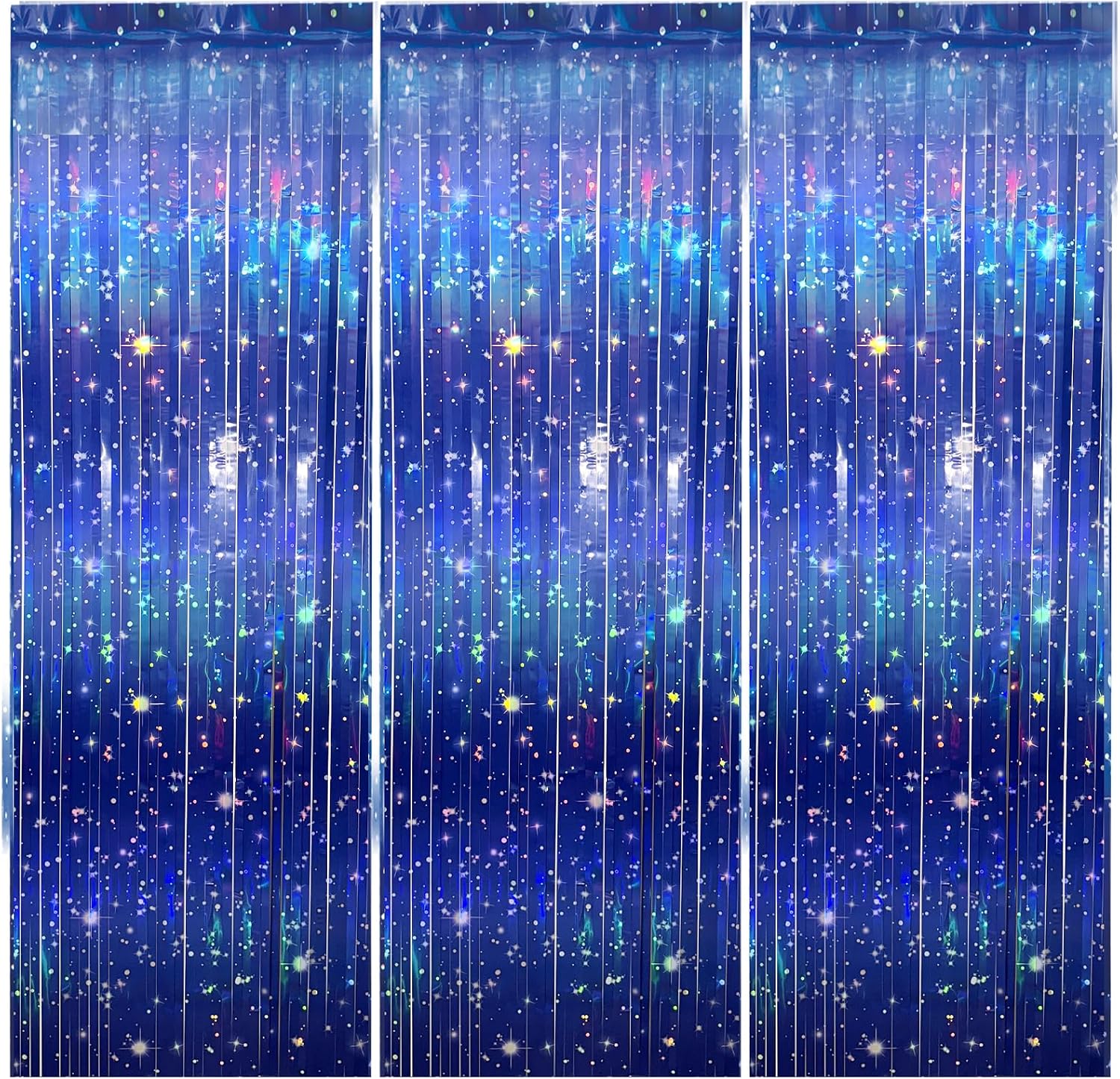 3 PCS Galaxy Foil Curtains Backdrop for Space Themed Party Decorations, 3.3 x 6.6 ft Blue Iridescent Tinsel Curtains, Foil Fringe for Photo Booth, Outer Space Birthday or Alien Party